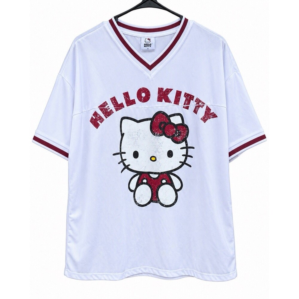 Primark Hello Kitty Sanrio Jersey Shirt Womens S White Burgundy Mesh Top c26